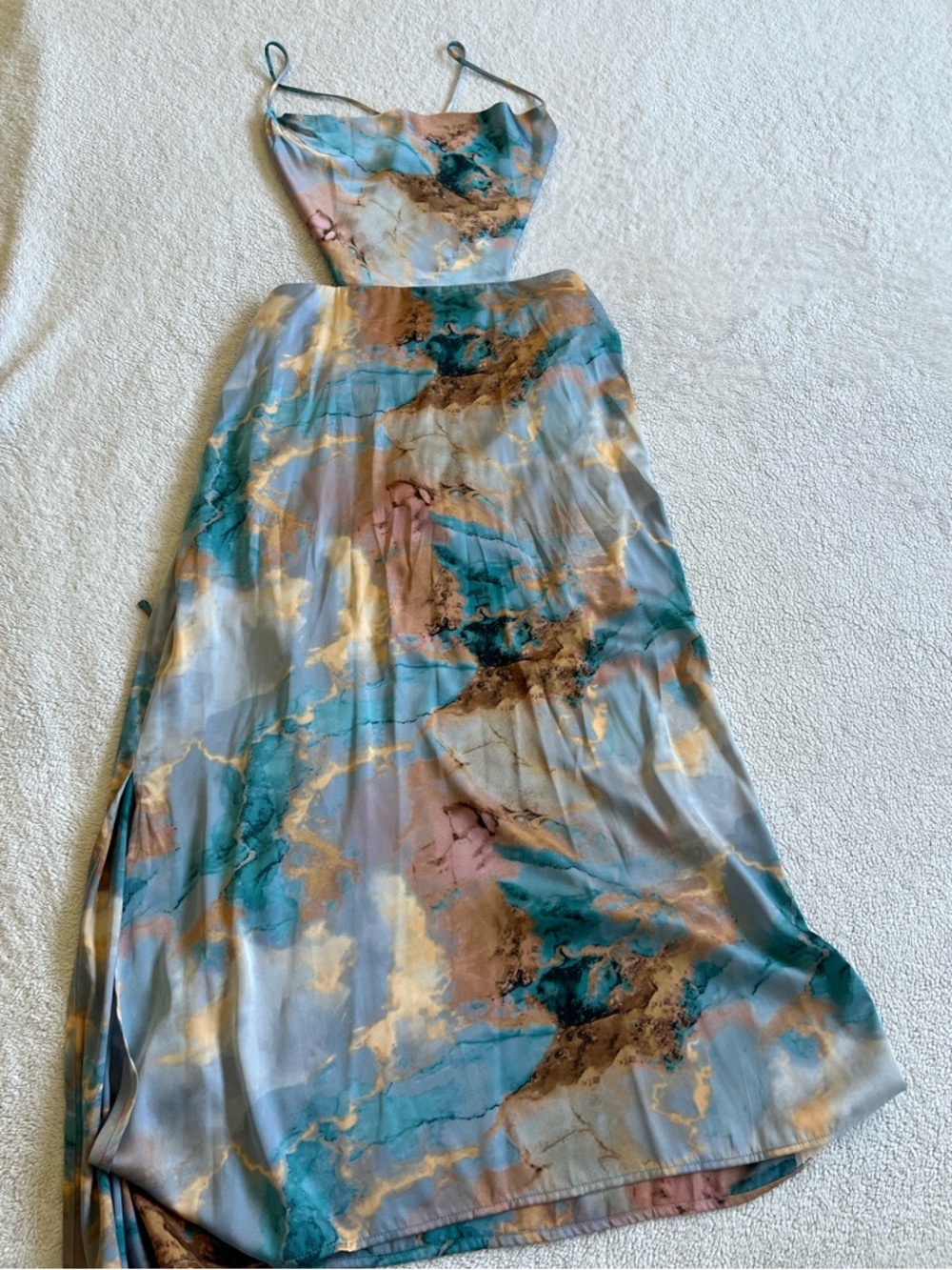 Marbled Satin Slip Dress in Teal, Gold & Pink